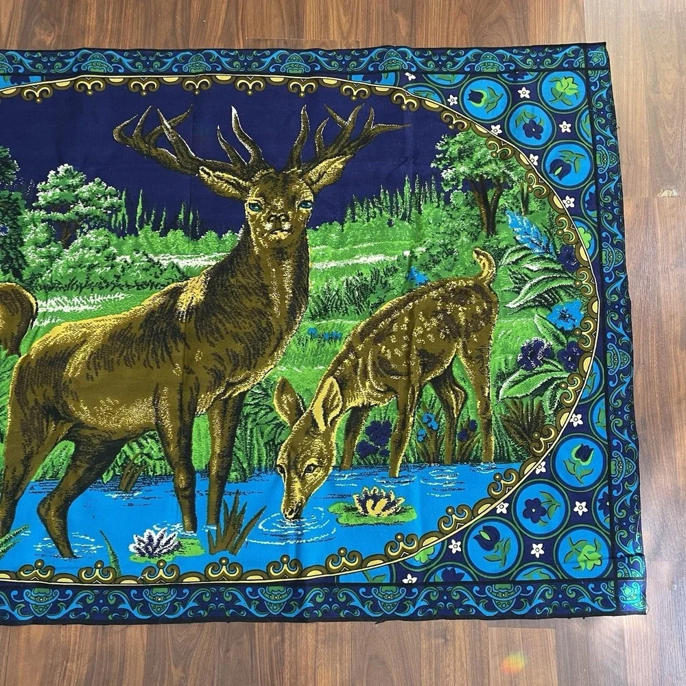 Vtg Tapestry Elk Deer MCM Blue Floral Velvet Wall Hanging 55x39‎ Mancave Lodge